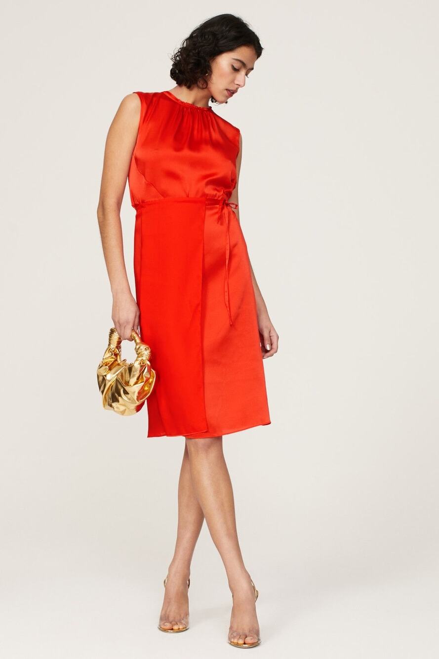 ATLIEN Red Satin Ruffle Sleeveless Crewneck Waist Tie Shift Dress Size Large